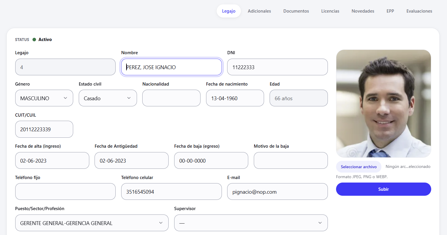 Legajo digital en sileg: ficha del colaborador con datos personales, fotografía, fechas de alta y puesto.